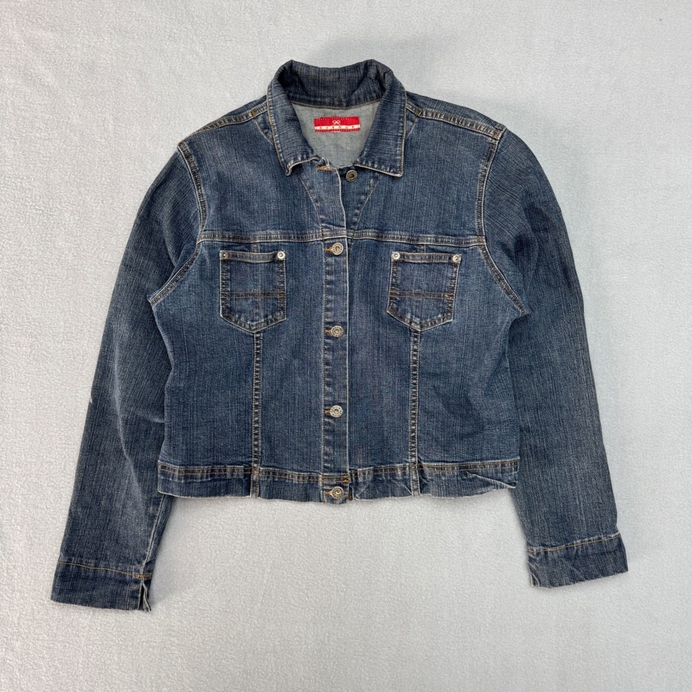 Avenue Womens Denim Jean Jacket Blue Stretch Cropped Button Front Y2K Large
